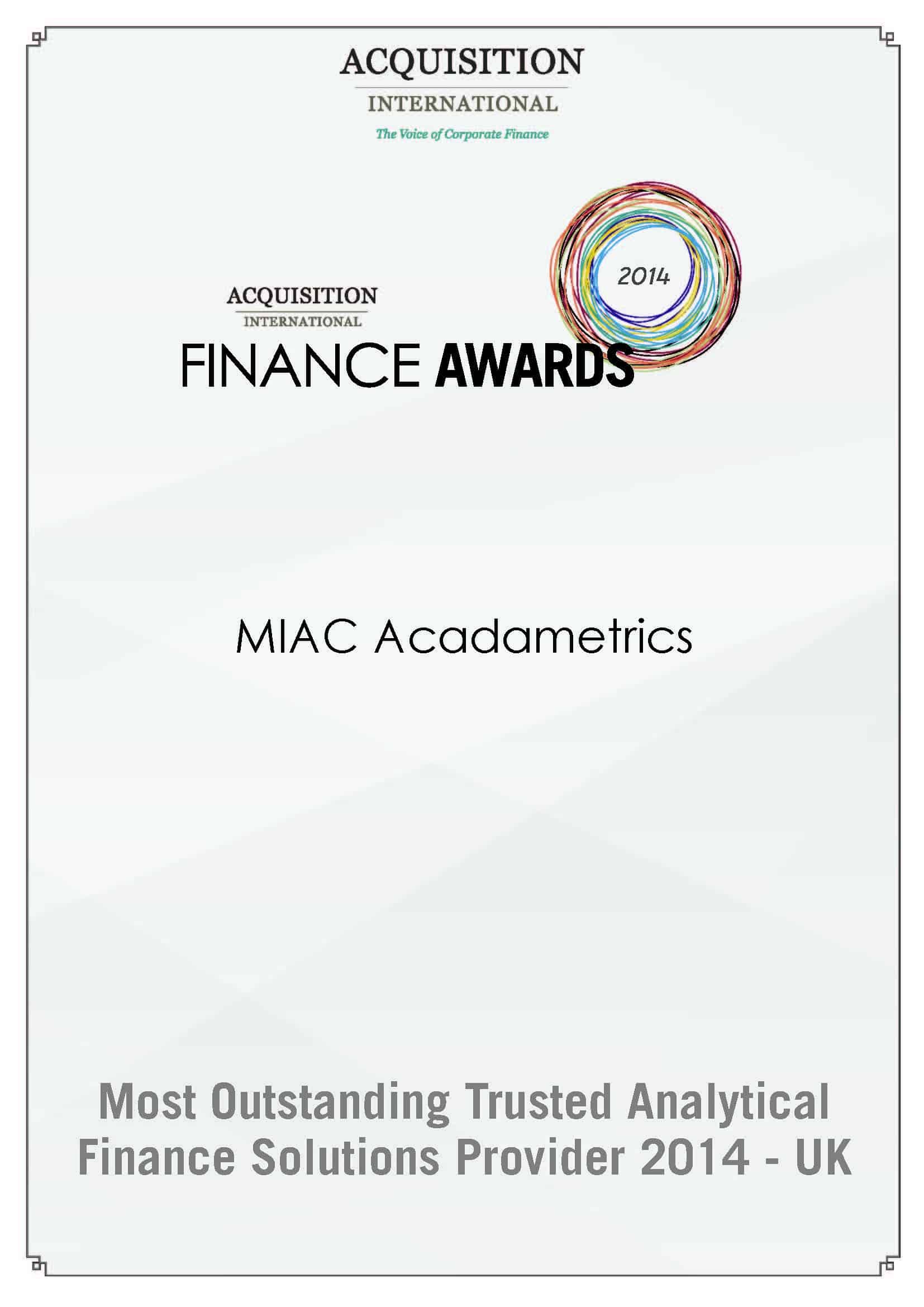 MIAC Acadametrics recognised in the Acquisition International Finance Awards 2014